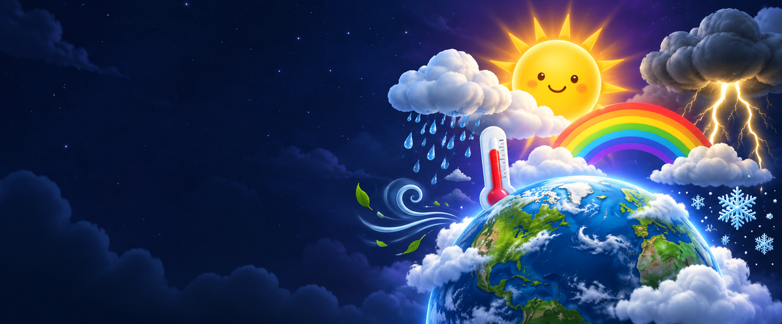 Weather facts for kids showing sun, rain, clouds, lightning, rainbow and snow