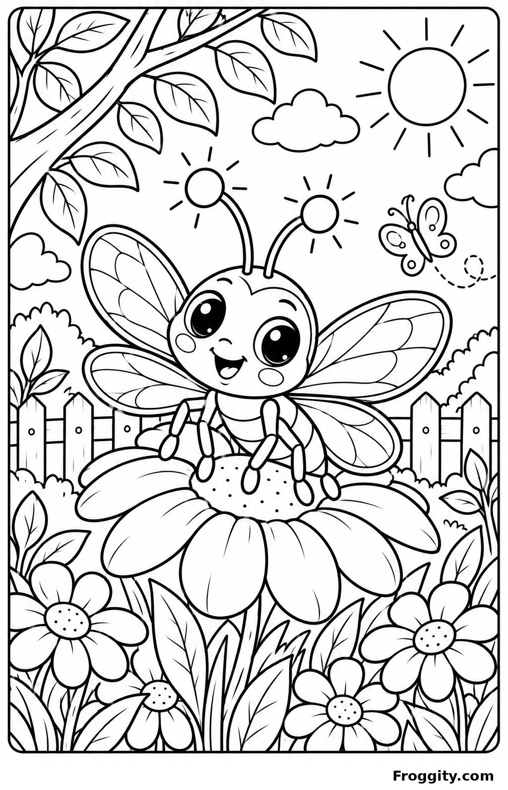 Cute six-legged lantern bug sitting on a flower coloring page for kids